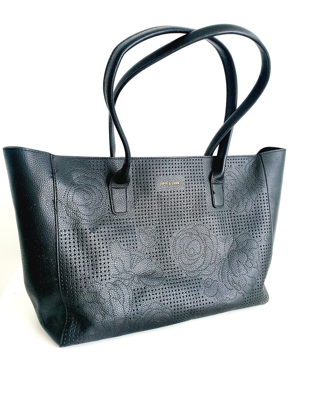 Perforated Floral Leather Tote - Black
